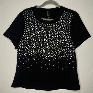 Berek women's black shirt short sleeve with silver foil checks L NWT